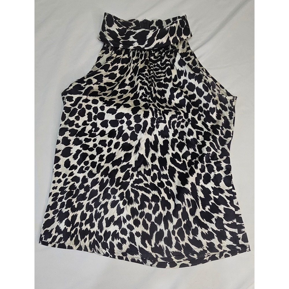 Doncaster Collection Silk Leopard Print Mock Neck Halter Top Blouse Black White